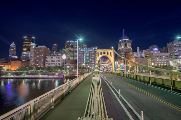 Wide angle view of the Clemente Bridge and Bat Signals in Pittsburgh