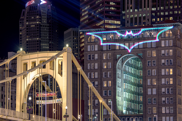 Bat Symbol over the Clemente Bridge on the Renaissance Hotel in Pittsburgh