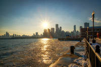 Sun setting over the Chicago skyline from Navy Pier HDR