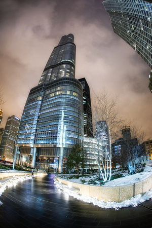 A fisheye view of the Trump Tower at night HDR