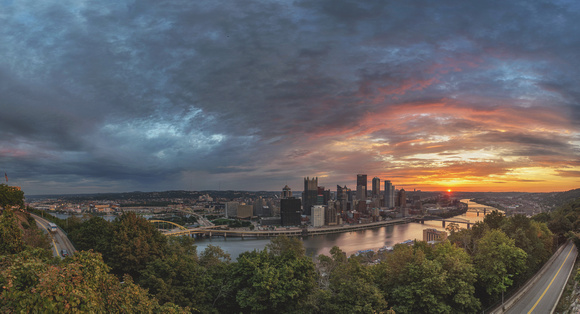Panorama of a beautiful sunrise over Pittsburgh from Mt. Washington