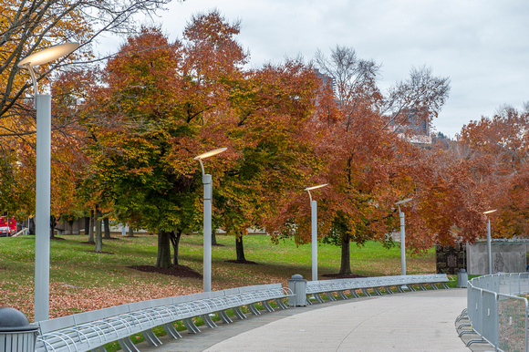 A walkway through Point State Park in Pittsburgh in the fall