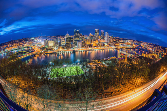 Pittsburgh skyline and PJ McCardle Roadway from Mt. Washington HDR