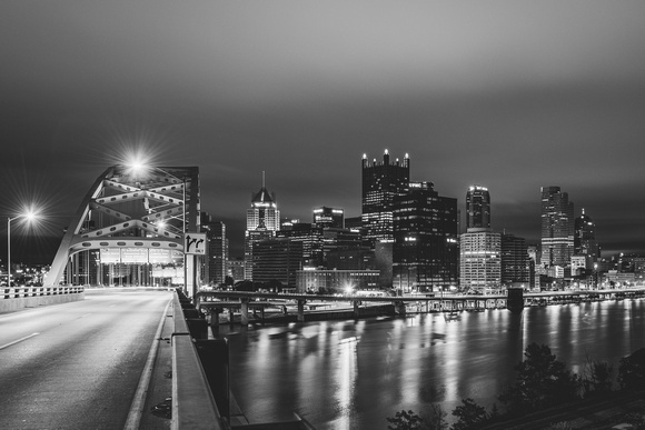 Black and white view of Pittsburgh from the Ft. Pitt Bridge