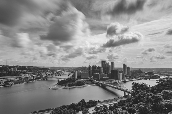 Long exposure of clouds over Pittsburgh - B&W