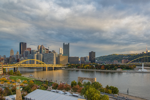 Sunlight on Pittsburgh at dusk in the fall