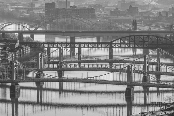 Black and white view of PIttsburgh Bridges