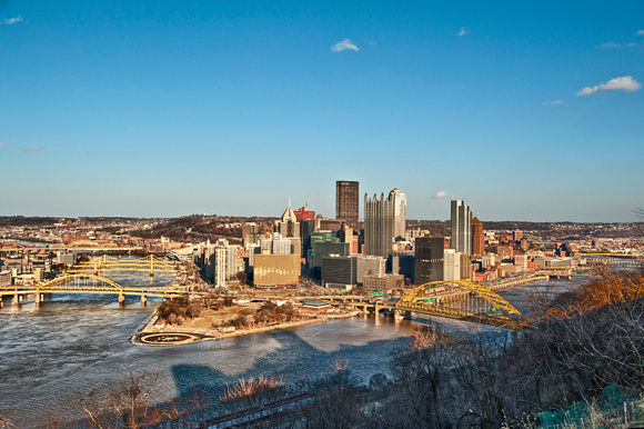 Pittsburgh skyline wide angle at dusk HDR