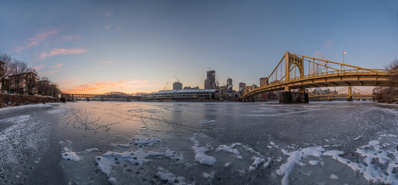 Panorama of sunrise over the Allegheny River in Pittsburgh