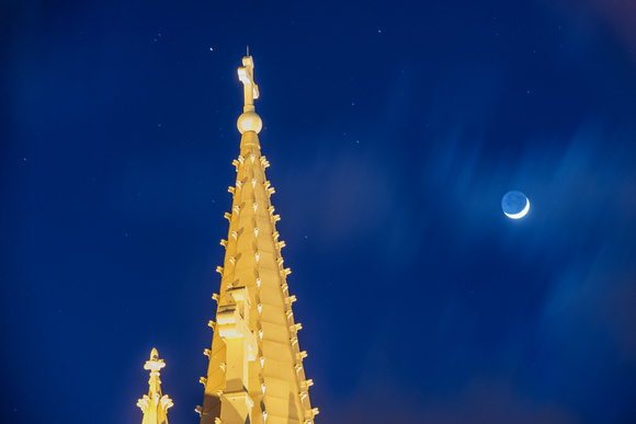 Moon and the steeple at St. Mary's on the Mount