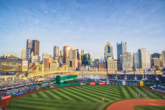 A view of Pittsburgh from PNC Park at dusk