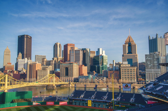 A wide angle view of PNC Park and Pittsburgh