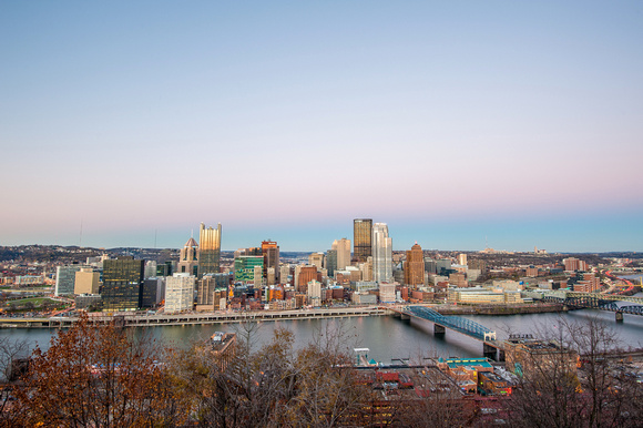 A pink and blue sky over the city of Pittsburgh from Mt. Washington HDR