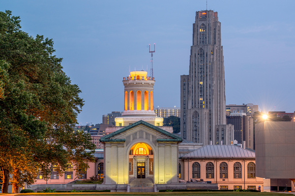 Cathedral of Learning and Hamerschlag Hall before dawn