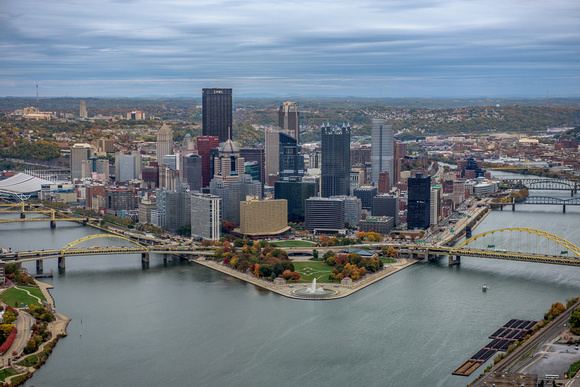 Downtown Pittsburgh from the air on a fall afternoon