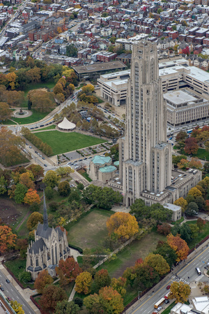 The Cathedral of Learning and Heinz Chapel tower into the fall sky in Pittsburgh