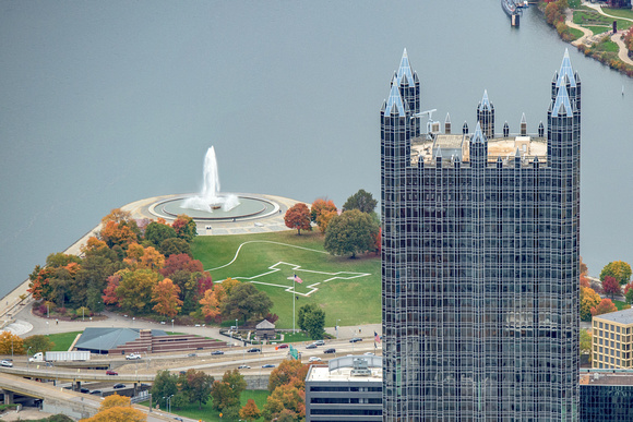 The PPG Building and fountain in the fall in Pittsburgh