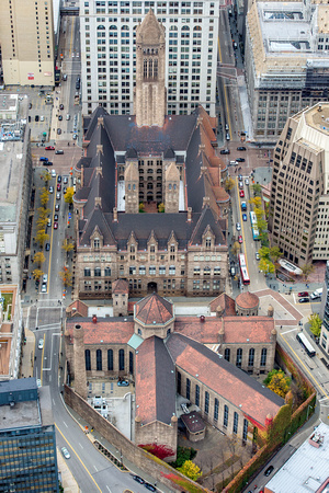The Allegheny County Courthouse and old Pittsburgh jail from above