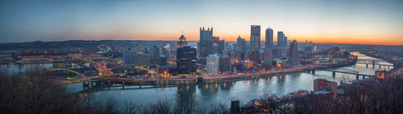 A panorama of the Pittsburgh skyline at sunrise from Mt. Washington