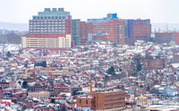 Lawrenceville and Children's Hospital are covered in snow in Pittsburgh