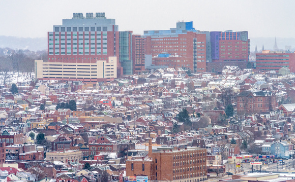 Lawrenceville and Children's Hospital are covered in snow in Pittsburgh