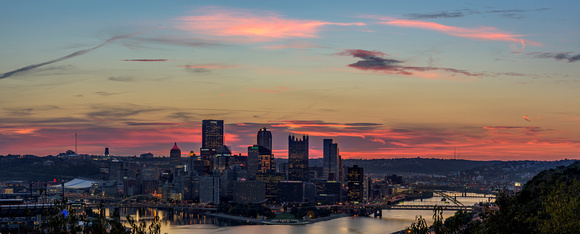 Panoramic view of sunrise in Pittsburgh from the West End at dawn