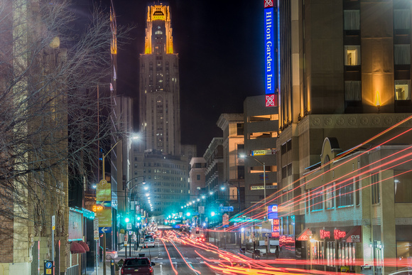 Light trails down Forbes Avenue and the Cathederal of Learning