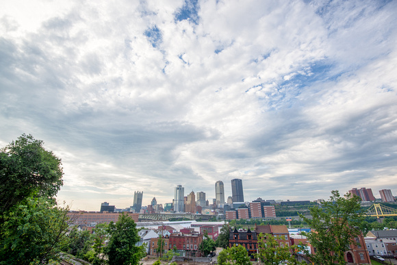 A wide angle view of the Pittsburgh skyline form PJ McCardle Roadwat