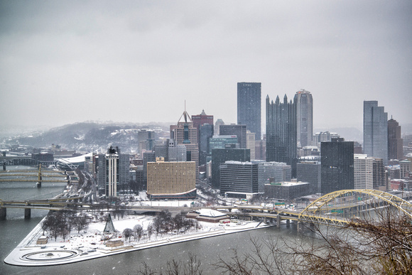 A snowy view of Pittsburgh from Mt. Washington
