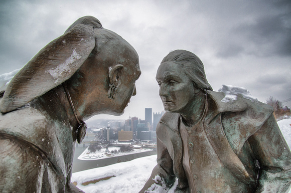 The Point of View statue covered in snow on Mt. Washington in Pittsburgh