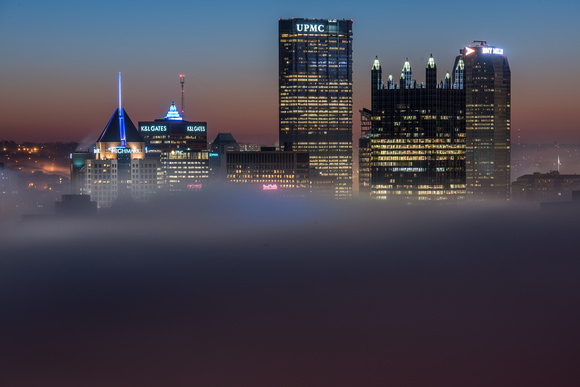 Downtown Pittsburgh above the foggy rivers of Pittsburgh