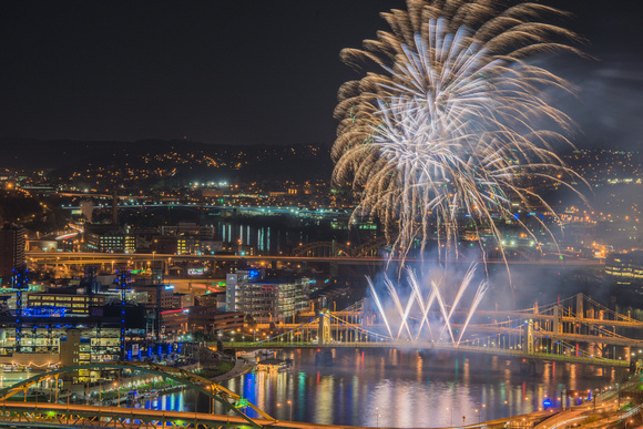 Close view of fireworks over PNC Park in Pittsburgh