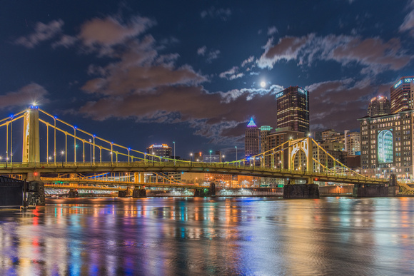 Full moon over the Pittsburgh skyline from down on the NOrth Shore