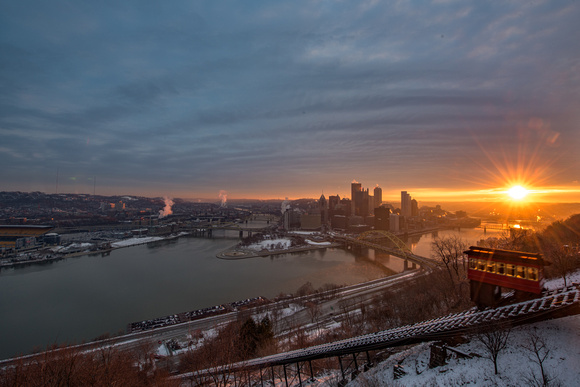 Sunlight illuminates the Duquesne Incline in Pittsburgh on a cold morning