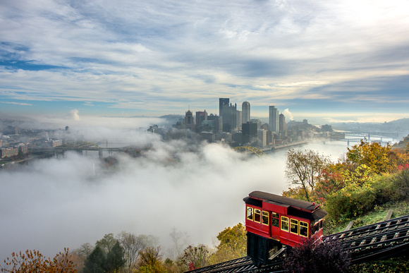 Fog surrounds Pittsburgh on a fall morning