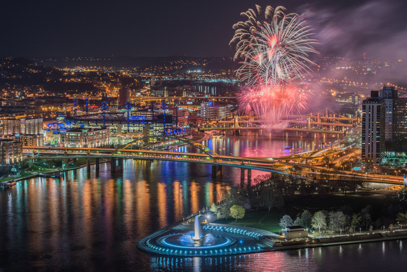 View of fireworks from PNC Park in Pittsburgh and the fountain at Point State Park