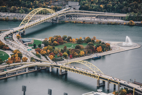 Point State Park in Pittsburgh in the fall from above