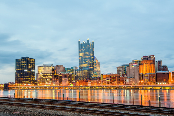 A view of the Pittsburgh skyline at dusk from Station Square