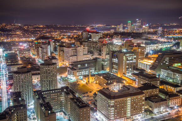 Oakland and the Pittsburgh skyline from the Cathedral of Learning at night
