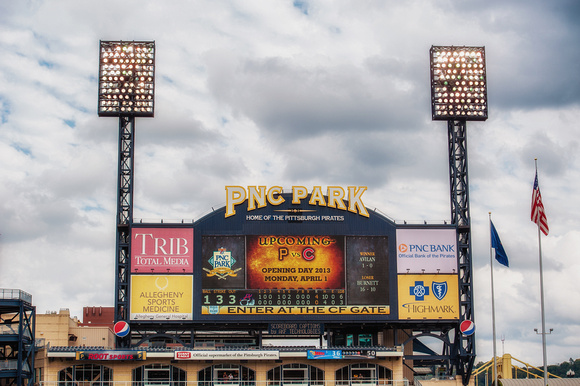 The scorecard and lights at PNC Park in Pittsburgh