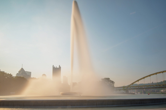 The fountain at Point State Park in Pittsburgh shines at dusk