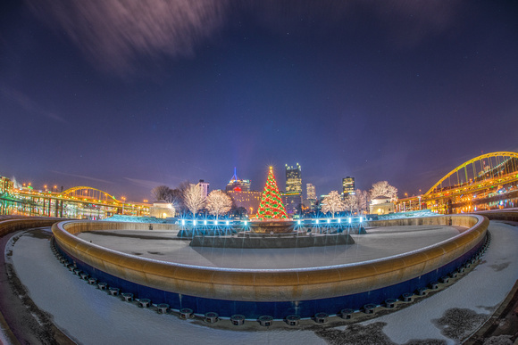 A fisheye view of the empty fountain basin at the Point in Pittsburgh during Christmas
