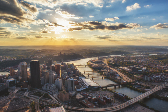 Wide angle aerial view of the sunset in Pittsburgh