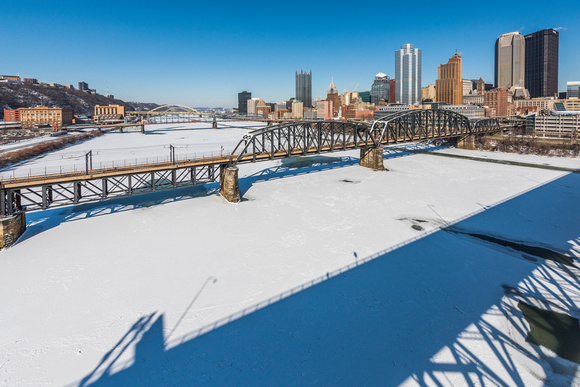 A snow covered Monongahela River in Pittsburgh