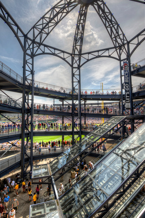 People watch the Pittsburgh Pirates game from the rotunda at PNC Park