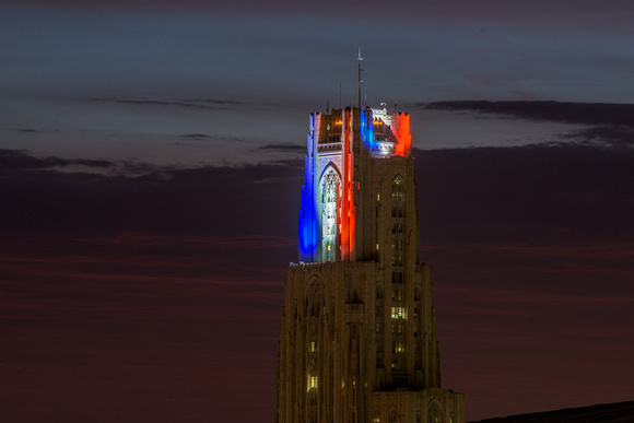 The Cathedral of Learning is lit up in support of France