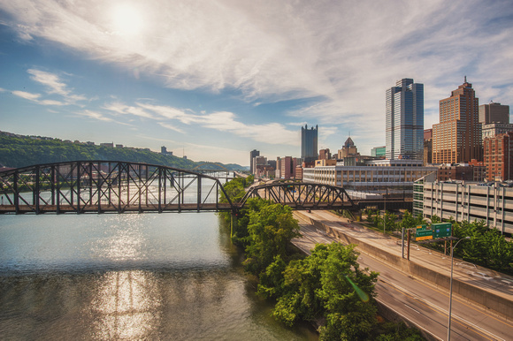 The Pittsburgh skyline and Monongahela River from the Liberty Bridge