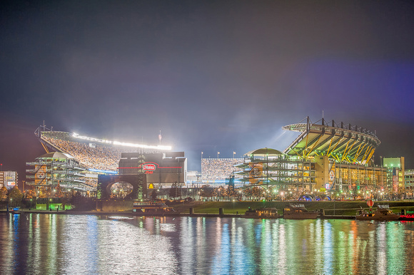 A view of Heinz Field glowing in the night