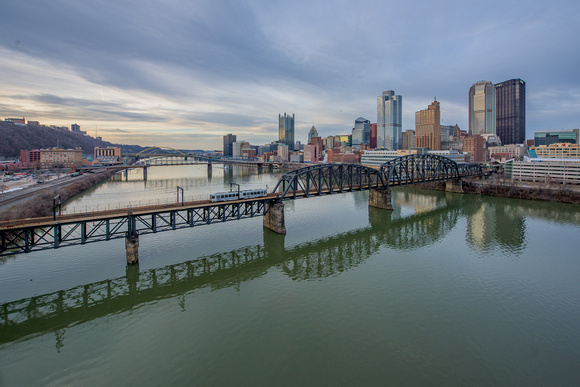 A trolley crosses the Monongahela River in Pittsburgh