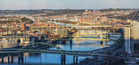 Panorama looking up the Allegheny River in PIttsburgh with 12 bridges